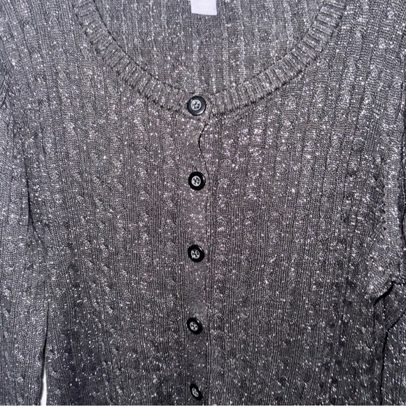 LAURA SCOTT Women's Large Black Metallic Sparkle Cardigan Sweater V-Neck Button - Picture 9 of 16
